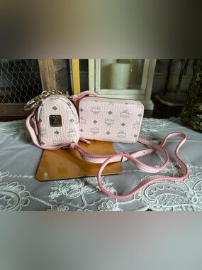 MCM Pink Monogram Mini Backpack Crossbody Card Case & Wallet Set